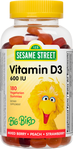 Sesame Street Vitamin D3 Kids Gummy by Webber Naturals, 600 IU of Vitamin D Per Gummy, Non GMO, Free of Gluten, Dairy, Peanut & Gelatin, For Children Age 3 & Up, For Immune and Bone Health, 180 Count