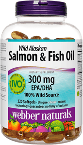 Webber Naturals Wild Salmon & Fish Oils 1,000 mg, Omega-3 Supplement, 220 Clear Enteric Softgels, No Fishy Aftertaste, Ultra-Purified, For Heart, Brain and Cardiovascular Health, Non-GMO, Gluten Free