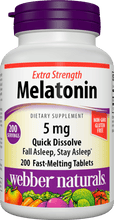 Load image into Gallery viewer, Webber Naturals Extra Strength Melatonin 5 mg, Easy Dissolve, 200 Sublingual Tablets, for Sleep Support, Gluten Free, Non-GMO, Suitable for Vegetarians
