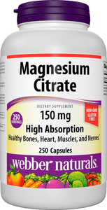 Webber Naturals Magnesium Citrate 150 mg, 250 Capsules, High Absorption, Helps Maintain Healthy Bones, Teeth and Proper Muscle & Heart Function, Non-GMO, Gluten & Diary Free