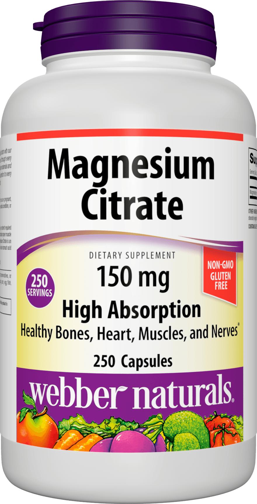 Webber Naturals Magnesium Citrate 150 mg, 250 Capsules, High Absorption, Helps Maintain Healthy Bones, Teeth and Proper Muscle & Heart Function, Non-GMO, Gluten & Diary Free