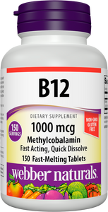 Webber Naturals Vitamin B12 Methylcobalamin 1,000 mcg, Easy Dissolve, Bioactive Sublingual Tablet, 150 Count, Supports Energy Production and Metabolism, Gluten Free, Non-GMO, Suitable for Vegetarians