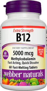 Webber Naturals Vitamin B12 Methylcobalamin 5,000 mcg, Easy Dissolve, Bioactive Sublingual Tablet, 60 Count, Supports Energy Production and Metabolism, Gluten Free, Non-GMO, Suitable for Vegetarians