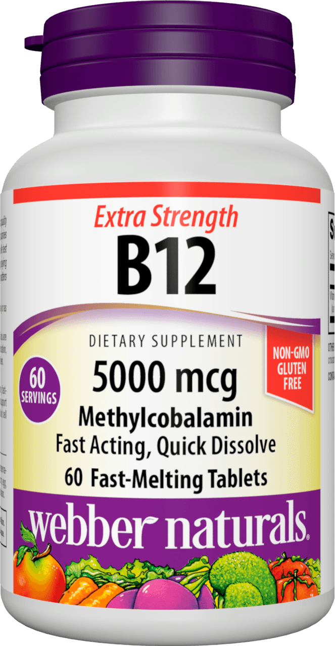 Webber Naturals Vitamin B12 Methylcobalamin 5,000 mcg, Easy Dissolve, Bioactive Sublingual Tablet, 60 Count, Supports Energy Production and Metabolism, Gluten Free, Non-GMO, Suitable for Vegetarians