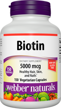 Load image into Gallery viewer, Webber Naturals Biotin 5,000 mcg, 150 Capsules, Supports Healthy Hair, Skin &amp; Nails, Energy Metabolism, Vitamin Supplement, Gluten Free, Non-GMO, Suitable for Vegetarians and Vegans
