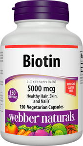 Webber Naturals Biotin 5,000 mcg, 150 Capsules, Supports Healthy Hair, Skin & Nails, Energy Metabolism, Vitamin Supplement, Gluten Free, Non-GMO, Suitable for Vegetarians and Vegans