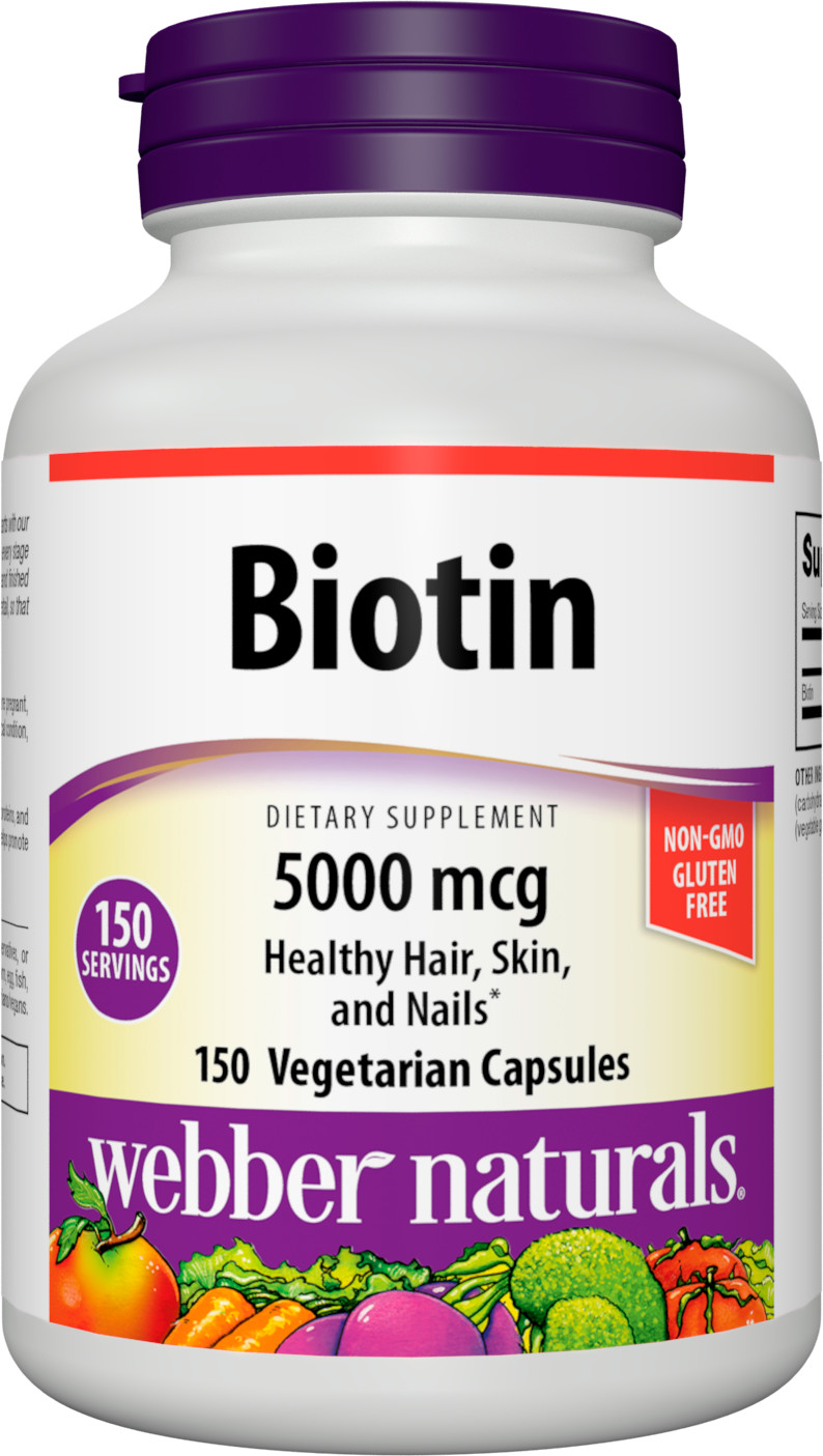 Webber Naturals Biotin 5,000 mcg, 150 Capsules, Supports Healthy Hair, Skin & Nails, Energy Metabolism, Vitamin Supplement, Gluten Free, Non-GMO, Suitable for Vegetarians and Vegans