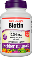 Load image into Gallery viewer, Webber Naturals Extra Strength Biotin 10,000 mcg, 120 Capsules, Supports Healthy Hair, Skin &amp; Nails, Energy Metabolism, Vitamin Supplement, Gluten Free, Non-GMO, Suitable for Vegetarians and Vegans
