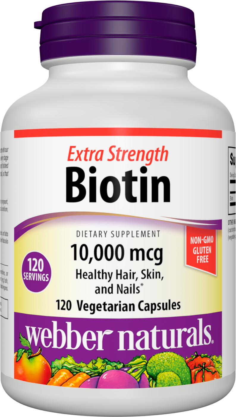 Webber Naturals Extra Strength Biotin 10,000 mcg, 120 Capsules, Supports Healthy Hair, Skin & Nails, Energy Metabolism, Vitamin Supplement, Gluten Free, Non-GMO, Suitable for Vegetarians and Vegans