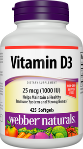 Webber Naturals Vitamin D3 Softgel, 1,000 IU, 425 Count, for Immune Heath and Support for The Development and Maintenance of Bones and Teeth, Non GMO and Gluten Free