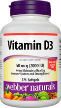 Load image into Gallery viewer, Webber Naturals Vitamin D3 Softgel, 2,000 IU, 375 Count, for Immune Heath and Support for The Development and Maintenance of Bones and Teeth, Non GMO and Gluten Free
