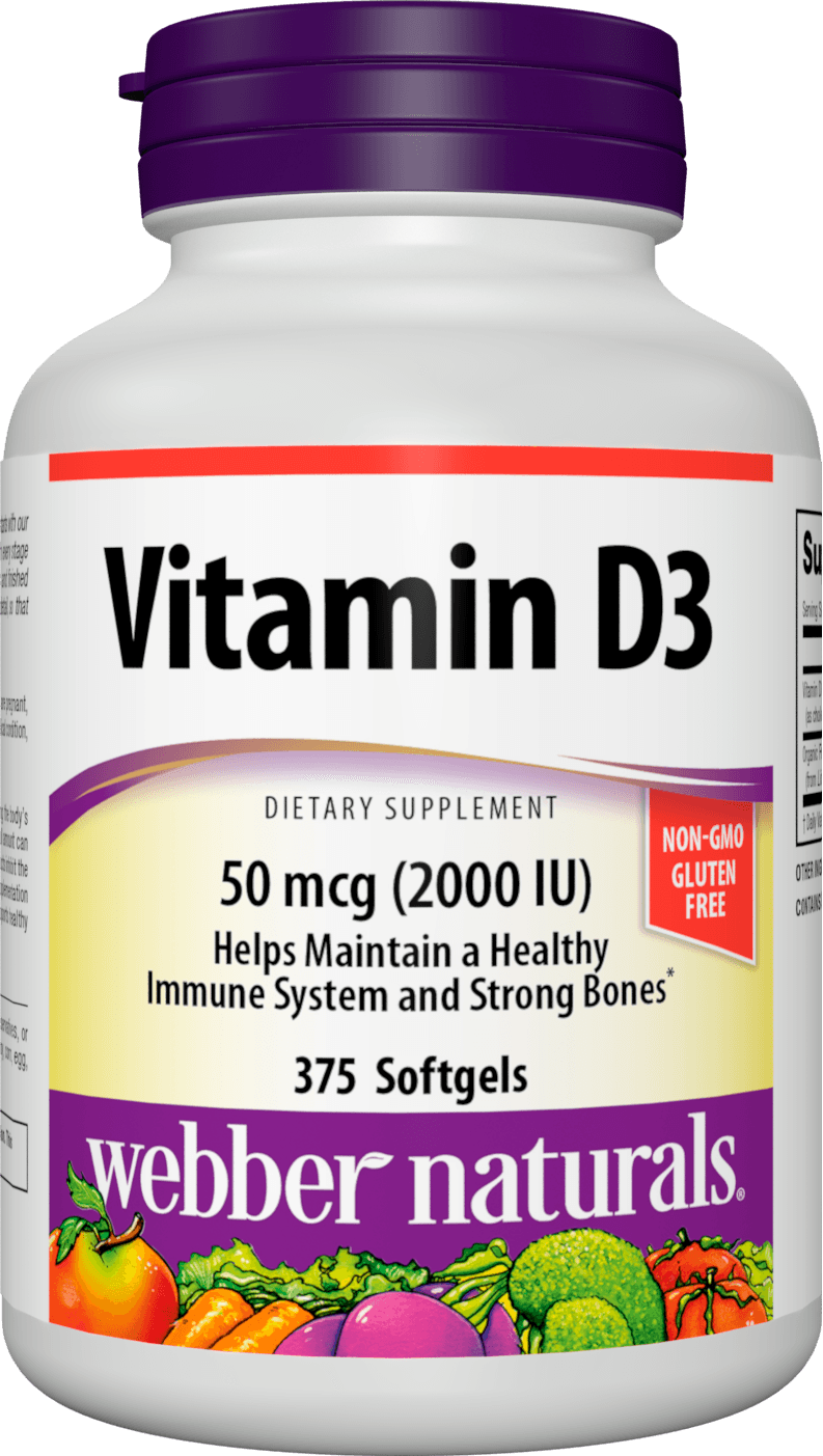 Webber Naturals Vitamin D3 Softgel, 2,000 IU, 375 Count, for Immune Heath and Support for The Development and Maintenance of Bones and Teeth, Non GMO and Gluten Free