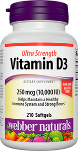 Webber Naturals Extra Strength Vitamin D3 Softgel, 10,000 IU, 210 Count, For Immune heath and support for the development and maintenance of bones and teeth, Non GMO and Gluten Free