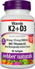 Load image into Gallery viewer, Webber Naturals Vitamin K2 MK-7 (120 mcg) with Vitamin D3 (1,000 IU), 90 Softgels, Supports Bones, Teeth, and Cardiovascular System, Vitamin Supplement, Gluten Free and Non-GMO
