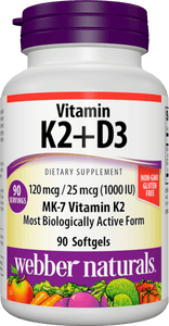 Webber Naturals Vitamin K2 MK-7 (120 mcg) with Vitamin D3 (1,000 IU), 90 Softgels, Supports Bones, Teeth, and Cardiovascular System, Vitamin Supplement, Gluten Free and Non-GMO