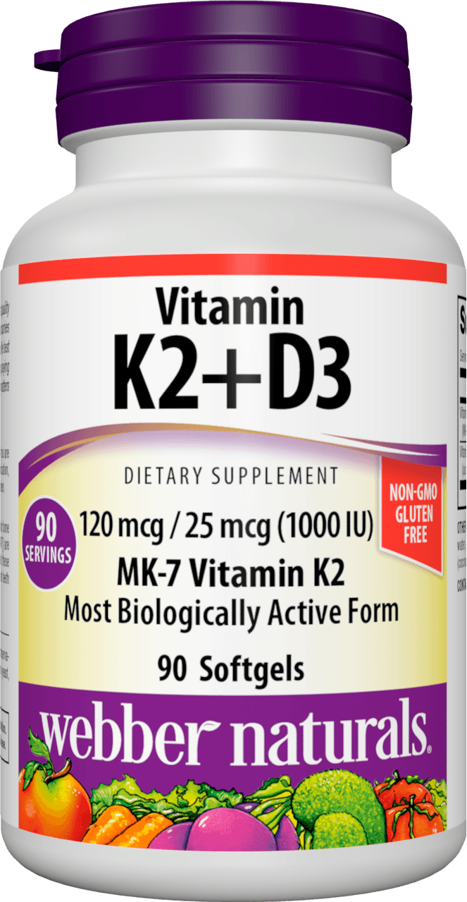 Webber Naturals Vitamin K2 MK-7 (120 mcg) with Vitamin D3 (1,000 IU), 90 Softgels, Supports Bones, Teeth, and Cardiovascular System, Vitamin Supplement, Gluten Free and Non-GMO