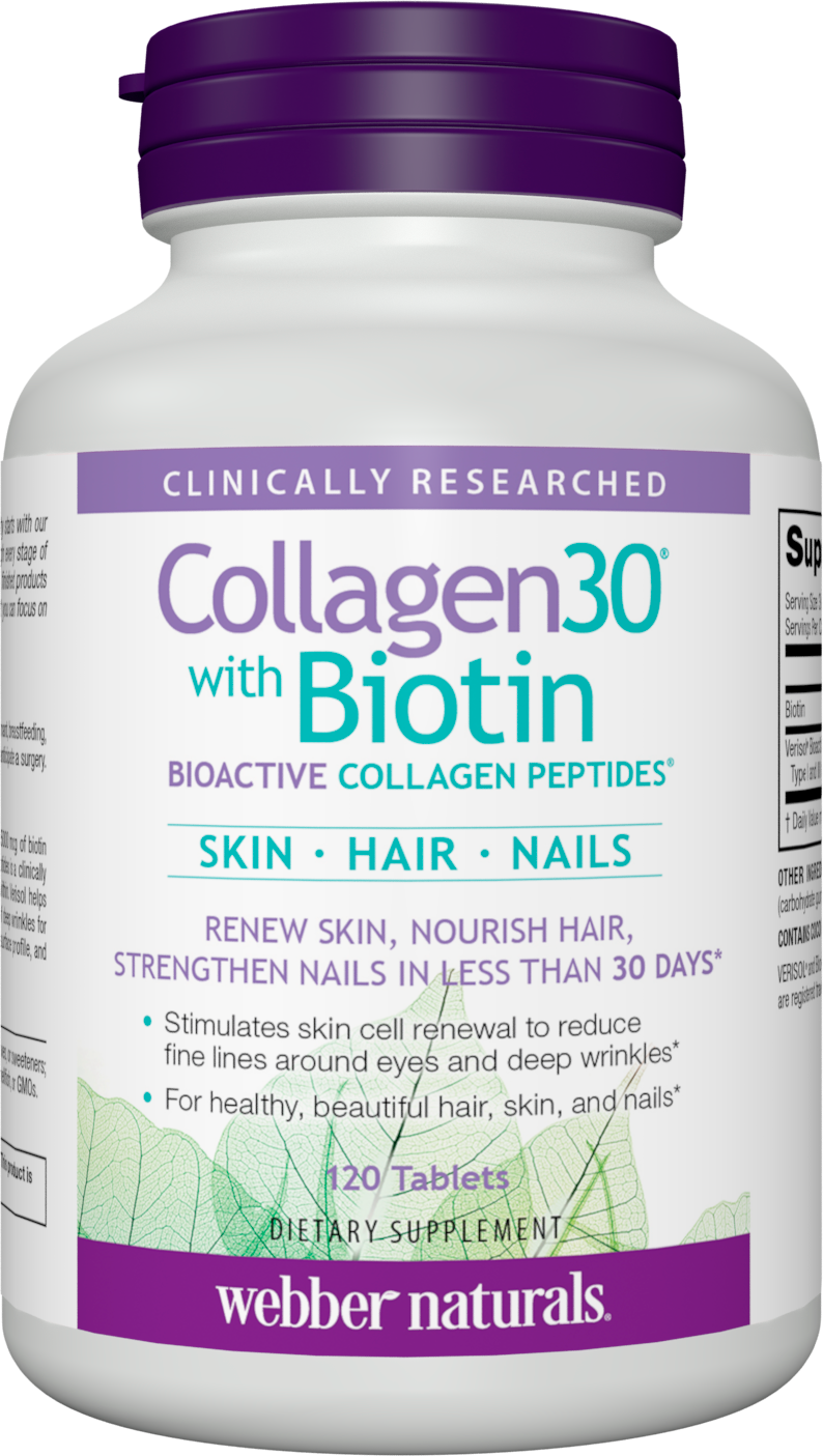 Webber Naturals Collagen30 with Biotin, 2,500 mg of Bioactive Collagen Peptides with 5,000 mcg of Biotin Per Serving, 120 Tablets, For Advanced Nourishment of Skin, Hair and Nails, Dairy & Gluten Free