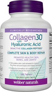 Webber Naturals Collagen30 with Hyaluronic Acid, Bioactive Collagen Peptides, 180 Tablets, Helps Reduce Joint Pain, Eye Wrinkles and Fine Facial Line, Non GMO