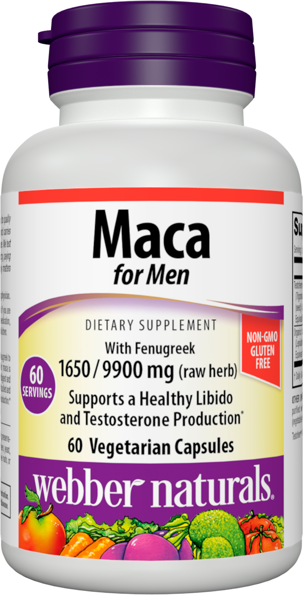 Webber Naturals Maca for Men, 1,650 mg of Organic Maca and 9,990 mg of Fenugreek Per Pill, 60 Vegetarian Capsules, Supports Energy and Mood, Gluten Free, Non-GMO, Suitable for Vegans