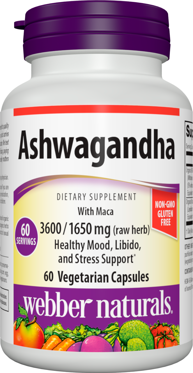 Webber Naturals Ashwagandha with Maca, 3,600 mg of Ashwagandha Root with 1,650 mg of Maca Root Per Pill, 60 Vegetarian Capsules, Supports Immunity, Mood Balance and Stress, Gluten Free, Non-GMO