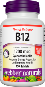 Webber Naturals Vitamin B12 Cyanocobalamin 1,200 mcg, Timed Release, 150 Tablets, Supports Energy Production and Metabolism, Gluten Free, Non-GMO, Suitable for Vegetarians and Vegans