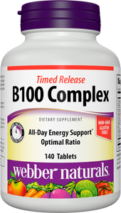 Webber Naturals Vitamin B100 Complex, Timed Release, 140 Tablets, Supports Energy Production, Immune Function and Metabolism, Gluten Free, Non-GMO, Suitable for Vegetarians and Vegans