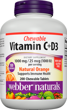 Load image into Gallery viewer, Webber Naturals Vitamin C+D3, 200 Chewable Orange Tablets, 1,000 mg of Vitamin C with 1,000 IU of Vitamin D3 Per Serving, Bones, Teeth, Immune and Antioxidant Support, Non GMO, Dairy &amp; Gluten Free
