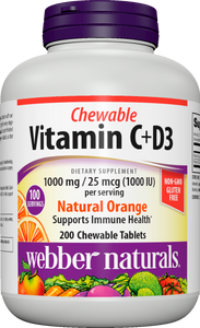 Webber Naturals Vitamin C+D3, 200 Chewable Orange Tablets, 1,000 mg of Vitamin C with 1,000 IU of Vitamin D3 Per Serving, Bones, Teeth, Immune and Antioxidant Support, Non GMO, Dairy & Gluten Free