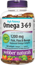 Load image into Gallery viewer, Webber Naturals Triple Omega 3-6-9, 1,200 mg Fish Oil Per Softgel, High Potency, 180 Softgels, No Fishy Aftertaste, Ultra-Purified, for Heart, Brain and Cardiovascular Health, Gluten &amp; Shellfish-Free
