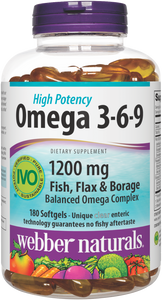 Webber Naturals Triple Omega 3-6-9, 1,200 mg Fish Oil Per Softgel, High Potency, 180 Softgels, No Fishy Aftertaste, Ultra-Purified, for Heart, Brain and Cardiovascular Health, Gluten & Shellfish-Free