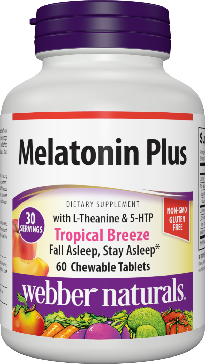 Webber Naturals Melatonin Plus, 1.5 mg of Melatonin with L-Theanine and 5-HTP, 30 Chewable Tablets, for Sleep Support, Gluten Free, Non-GMO, Vegan