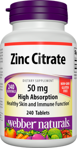 Webber Naturals Zinc Citrate 50 mg, 240 Tablets, Highly Absorbable, for Immune, Skin and Prostate Support, Free of Dairy and Gluten, Vegan