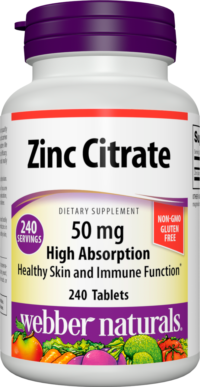 Webber Naturals Zinc Citrate 50 mg, 240 Tablets, Highly Absorbable, for Immune, Skin and Prostate Support, Free of Dairy and Gluten, Vegan