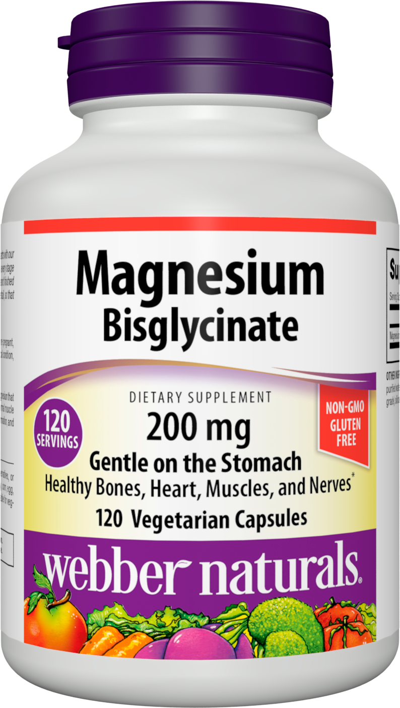 Webber Naturals Magnesium Bisglycinate 200 mg, 120 Vegetarian Capsules, Easily Absorbable and Gentle On The Stomach, Supports Bones, Teeth and Muscles, Gluten and Dairy Free, Vegan