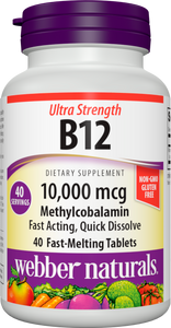 Webber Naturals Vitamin B12 10,000 mcg Ultra Strength, 40 Count, Fast-Melting Tablets, Supports Energy Metabolism, Immune and Heart Health, Gluten Free, Non-GMO, Vegan
