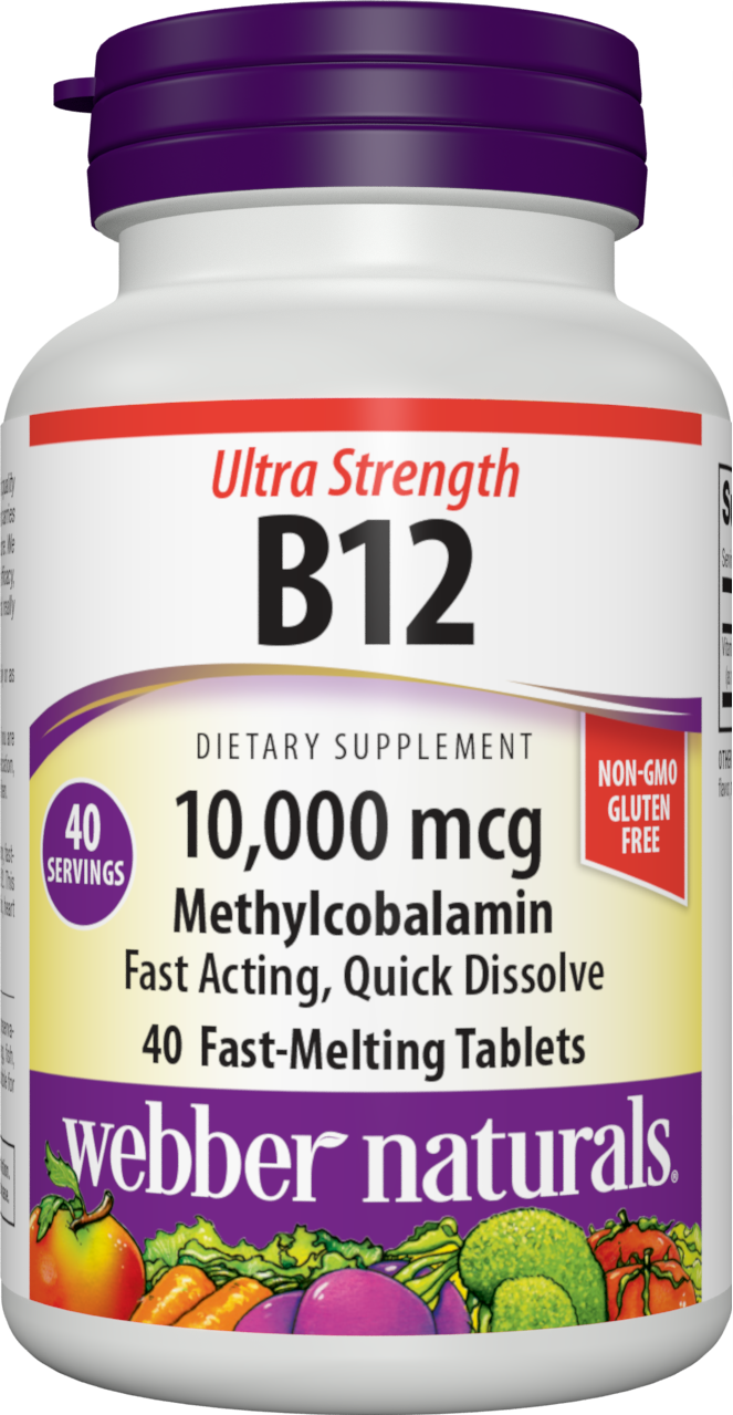 Webber Naturals Vitamin B12 10,000 mcg Ultra Strength, 40 Count, Fast-Melting Tablets, Supports Energy Metabolism, Immune and Heart Health, Gluten Free, Non-GMO, Vegan