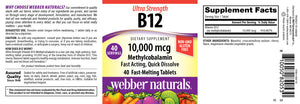 Webber Naturals Vitamin B12 10,000 mcg Ultra Strength, 40 Count, Fast-Melting Tablets, Supports Energy Metabolism, Immune and Heart Health, Gluten Free, Non-GMO, Vegan