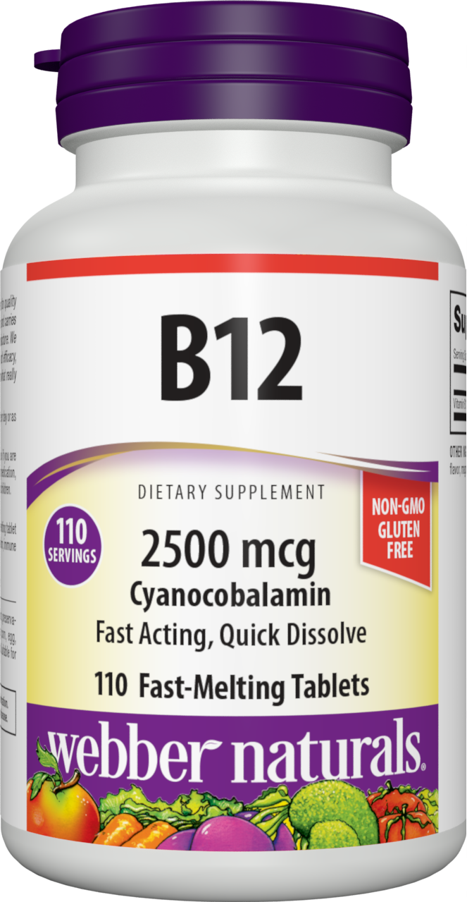 Webber Naturals Vitamin B12 Cyanocobalamin 2,500 mcg, 110 Fast-Melting Tablets, Supports Energy Production and Metabolism, Gluten Free, Non-GMO, Vegan
