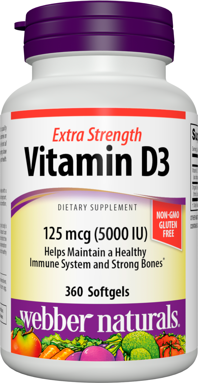 Extra Strength Vitamin D3 5000IU, by Webber Naturals, formulated with Organic Flaxseed, 360 softgels (One Year Supply)
