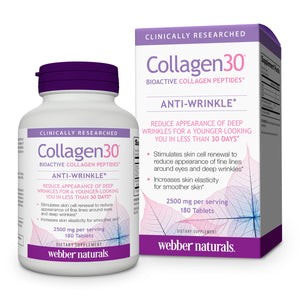 Collagen30 Bioactive Collagen Peptides, by Webber Naturals, Anti-Wrinkle, (Types I, III), 2500mg, 180 Tablets