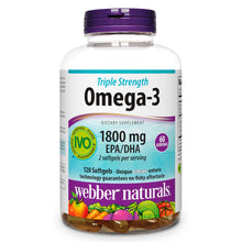 Load image into Gallery viewer, Triple Strength Omega-3, by Webber Naturals, 1800mg of EPA/DHA, Non-GMO, Ultra Purified, 120 softgels, 60 Servings
